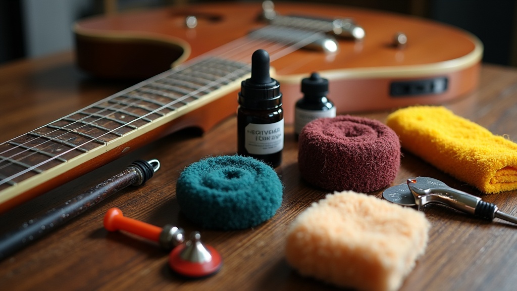 Assortment of guitar maintenance tools on a wooden table